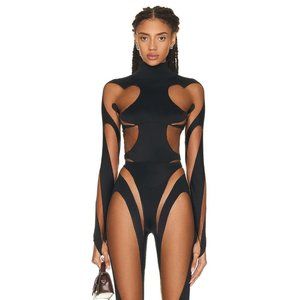 Mugler High Neck Long Sleeve Panel Bodysuit in Black Nude 02 36 New Womens Rodeo